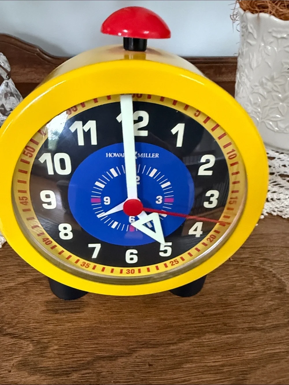 Howard Miller “School Bell” Yellow Retro Manual Clock W/ Blue White Black Dial
